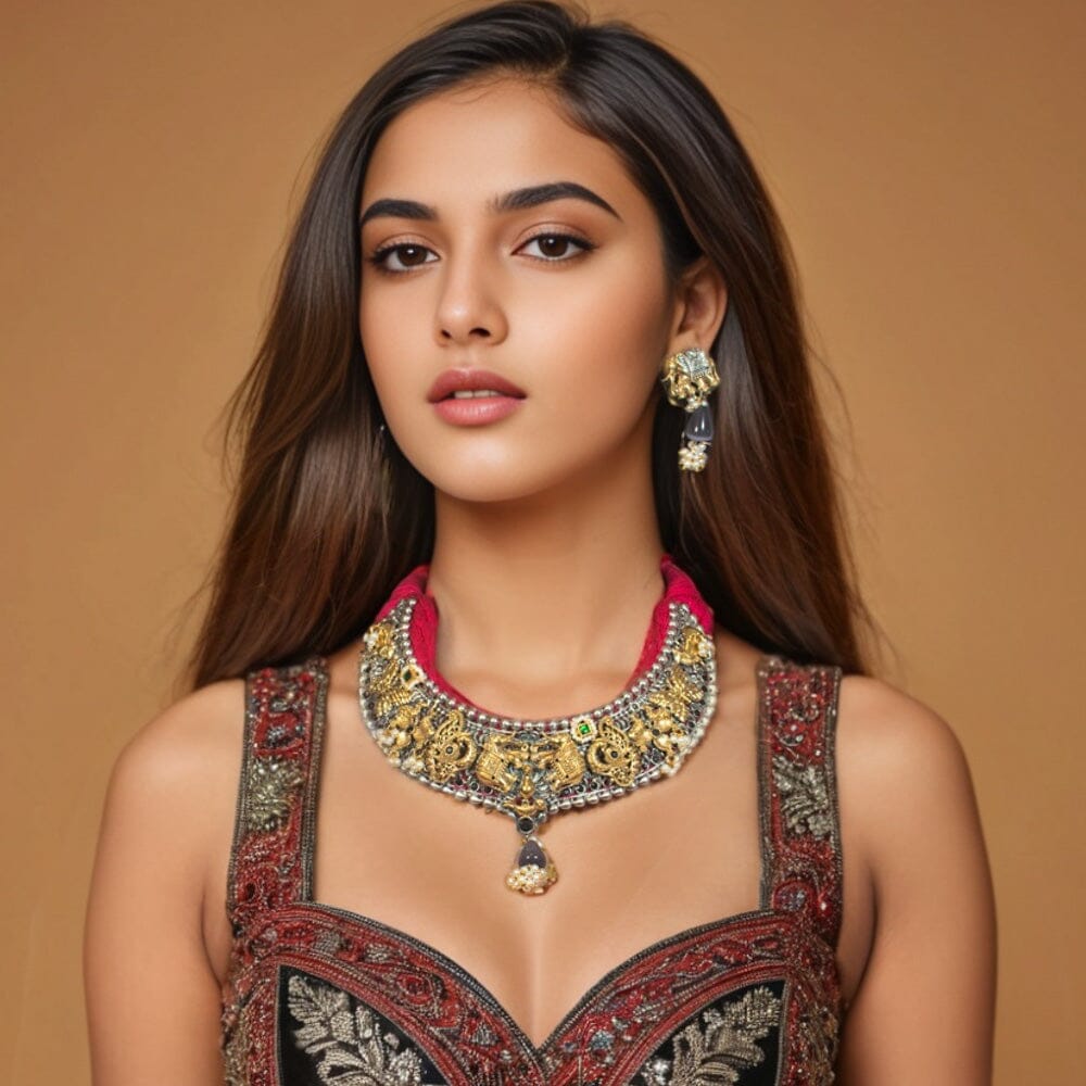 Bhavika Silver Replica Necklace Set - Rajata Collection