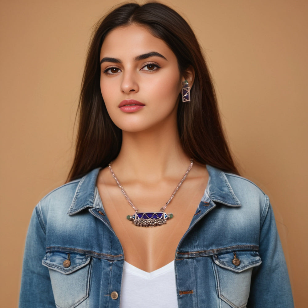 Blue Prism Silver Replica Necklace Set - Rajata Collection