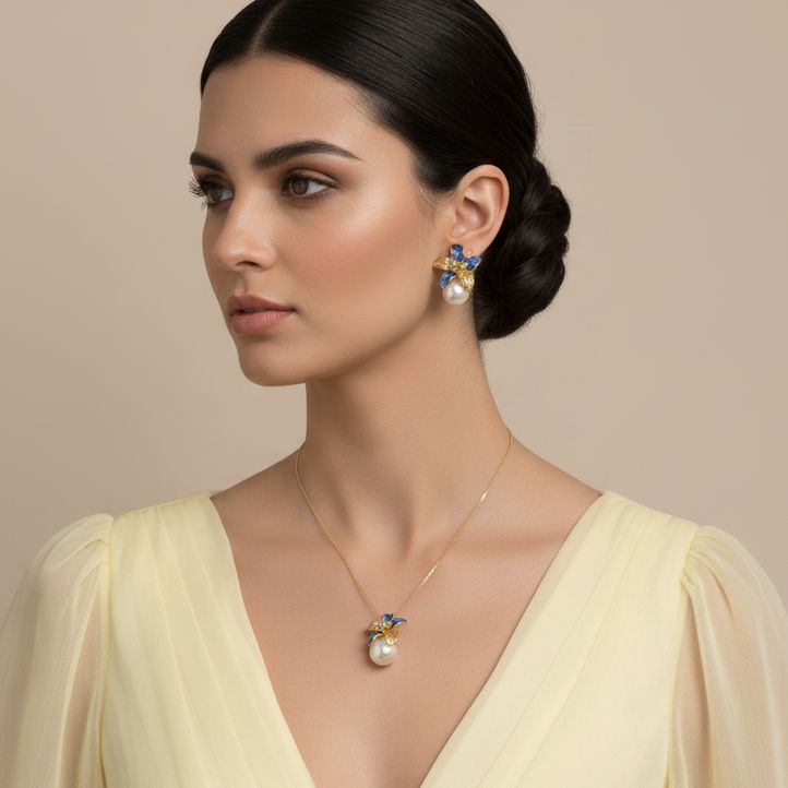 Gardenia Pearl Pendant Set-Blue-Nature Collection