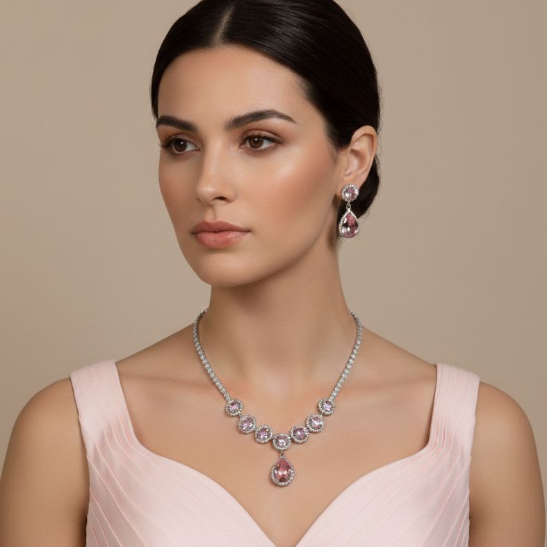 Glamour Drop Necklace Set-Pink-Glitterati Collection