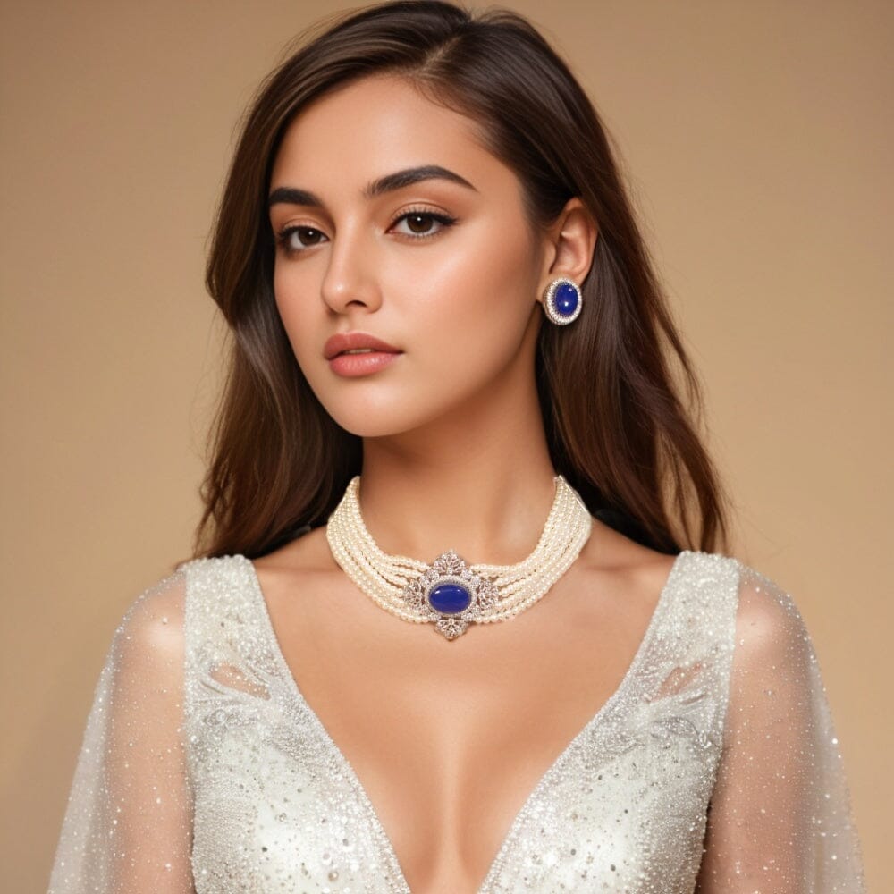 Maani Pearl Choker - Blue - Pratha Collection