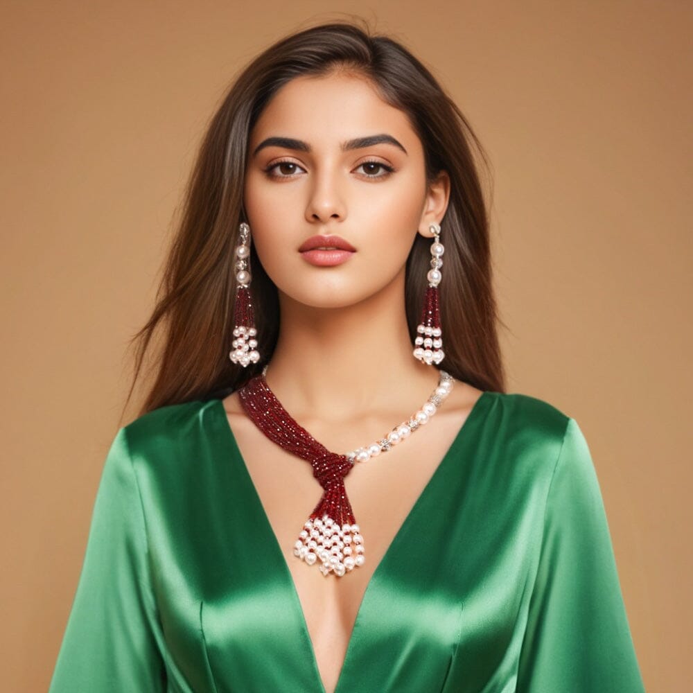 Ormira Necklace Set-Red-Pratha Collection