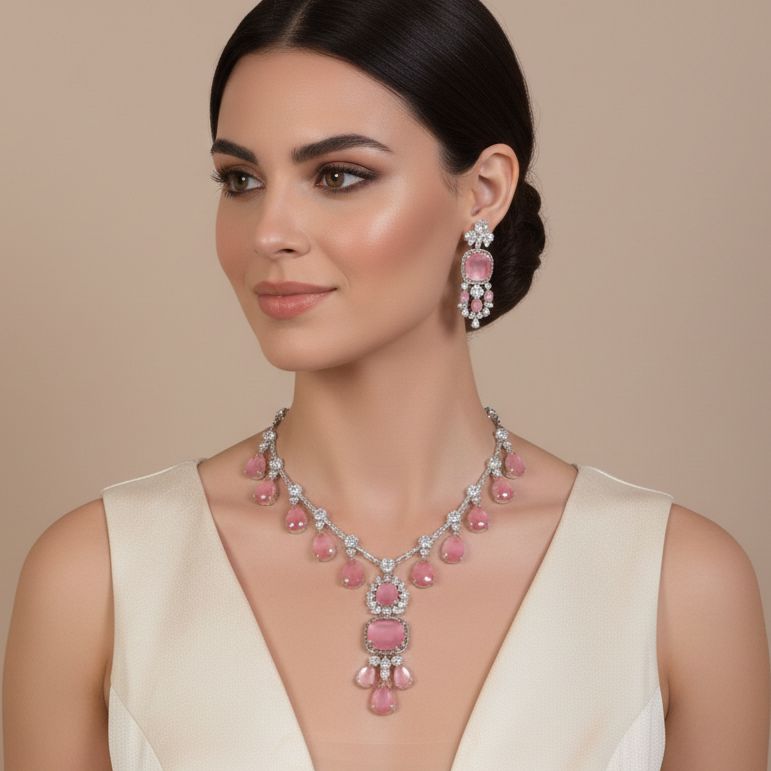 The Grand Gala Statement Necklace Set - Pink