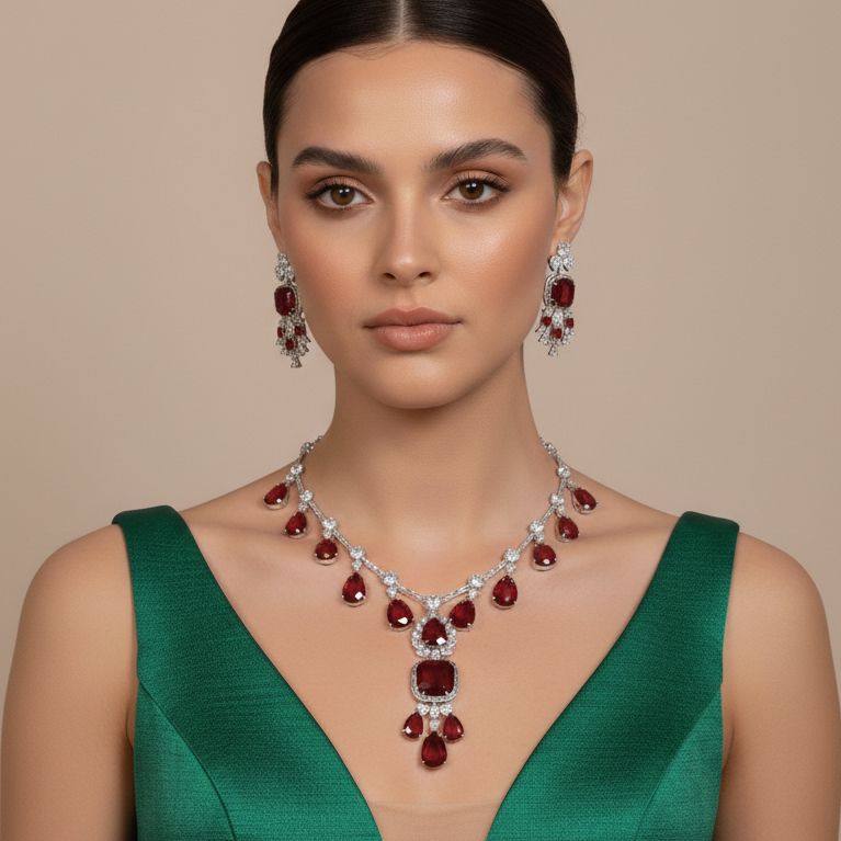 The Grand Gala Statement Necklace Set - Red