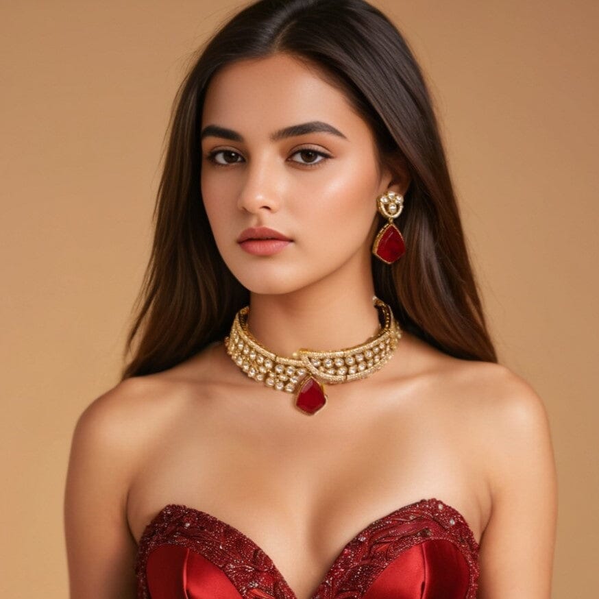 Zaruna Choker Set - Red - Pratha Collection