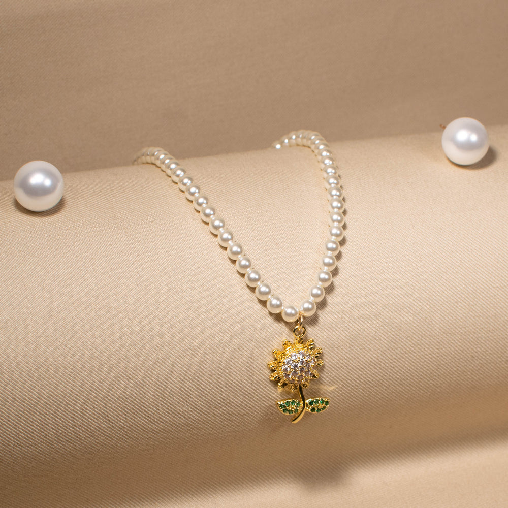 Golden Sunflower Pearl Necklace Set