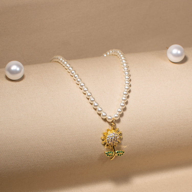 Golden Sunflower Pearl Necklace Set