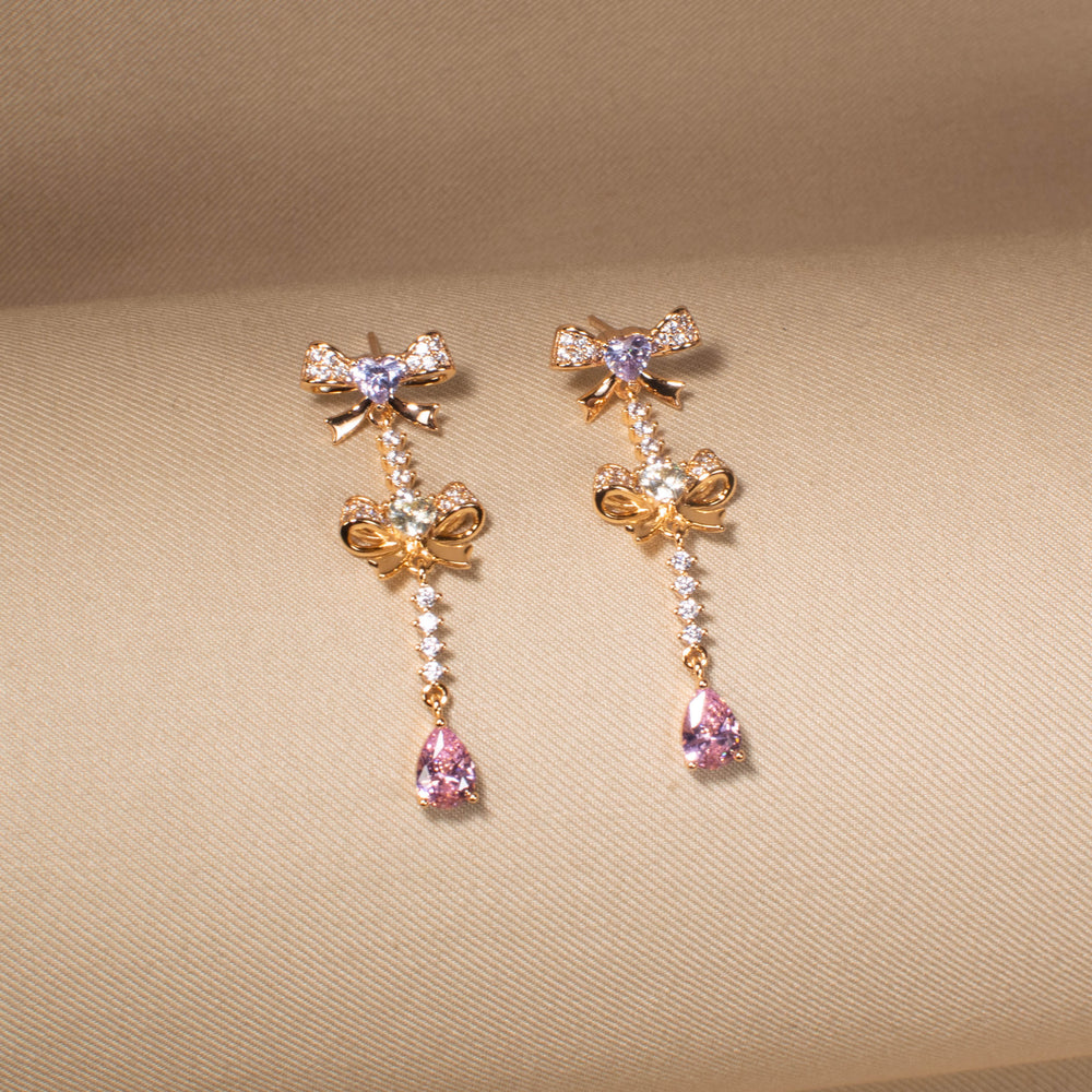 Rosy Bow Tiered Earrings
