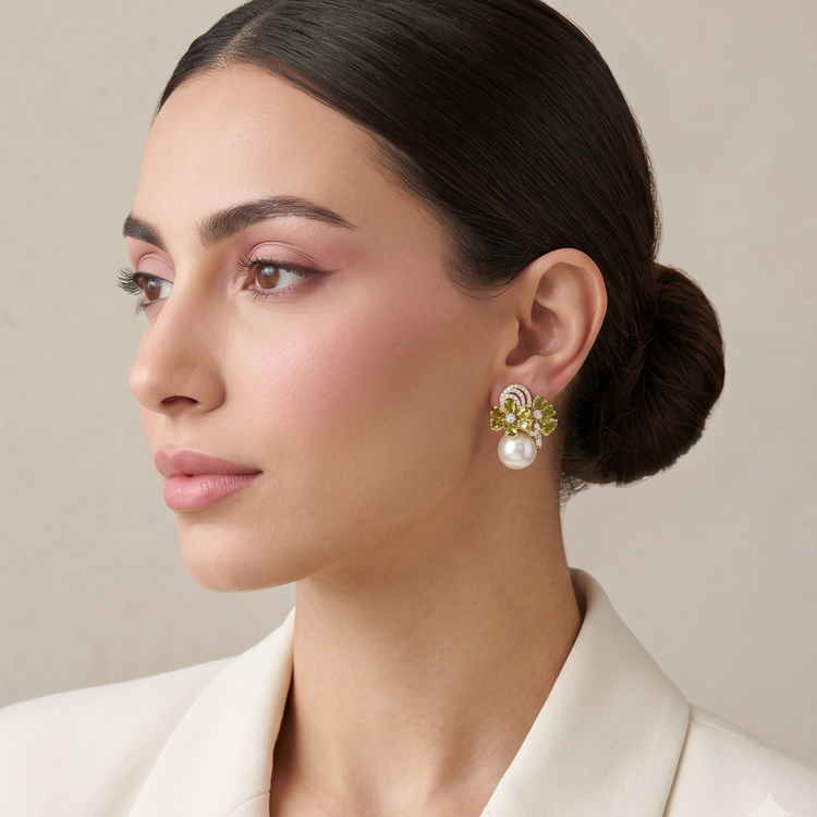 Starry Bloom Pearl Earrings - Olive