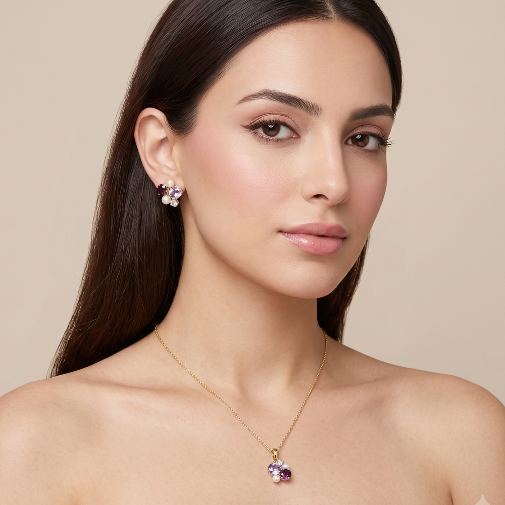 Plum & Pearl Cluster Pendant Set