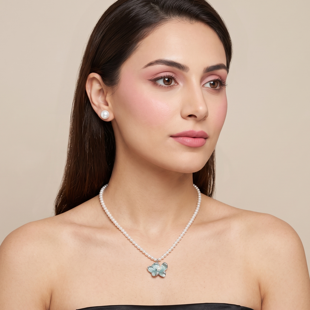 Teal Blossom Pearl Necklace Set