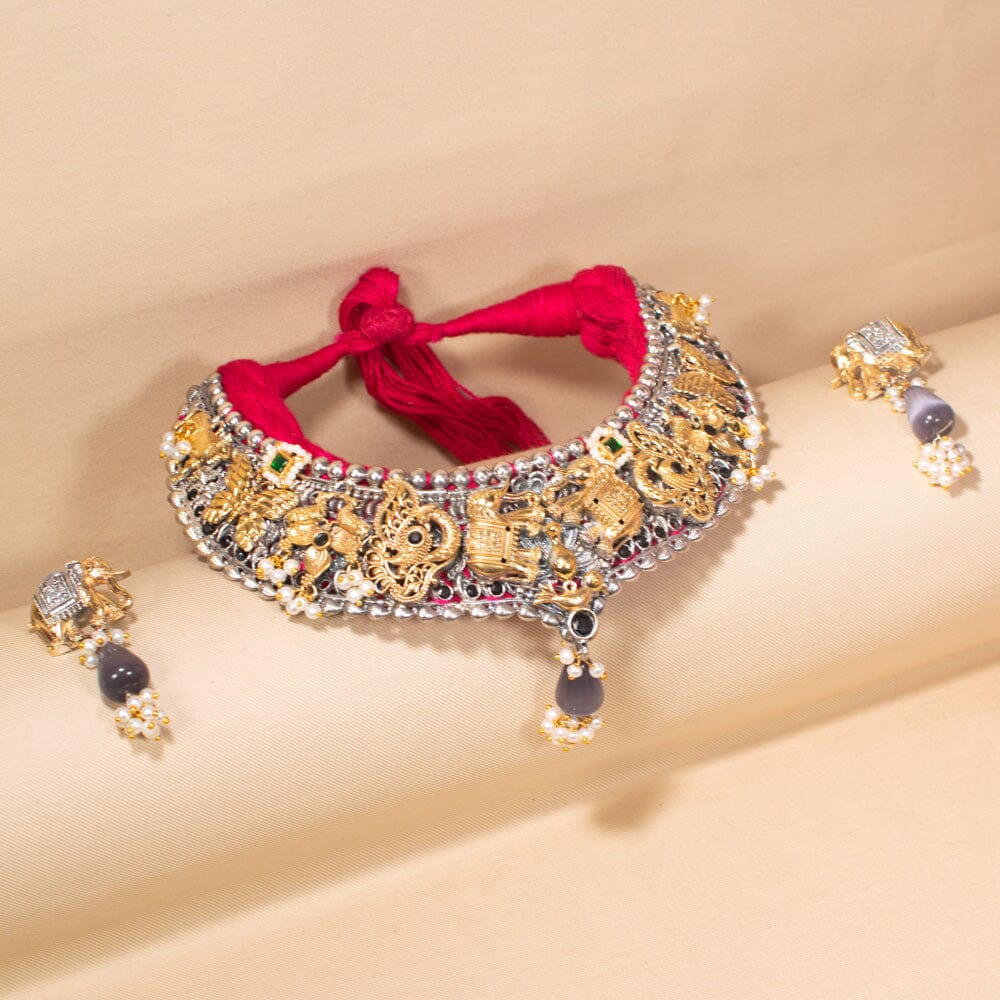 Bhavika Silver Replica Necklace Set - Rajata Collection