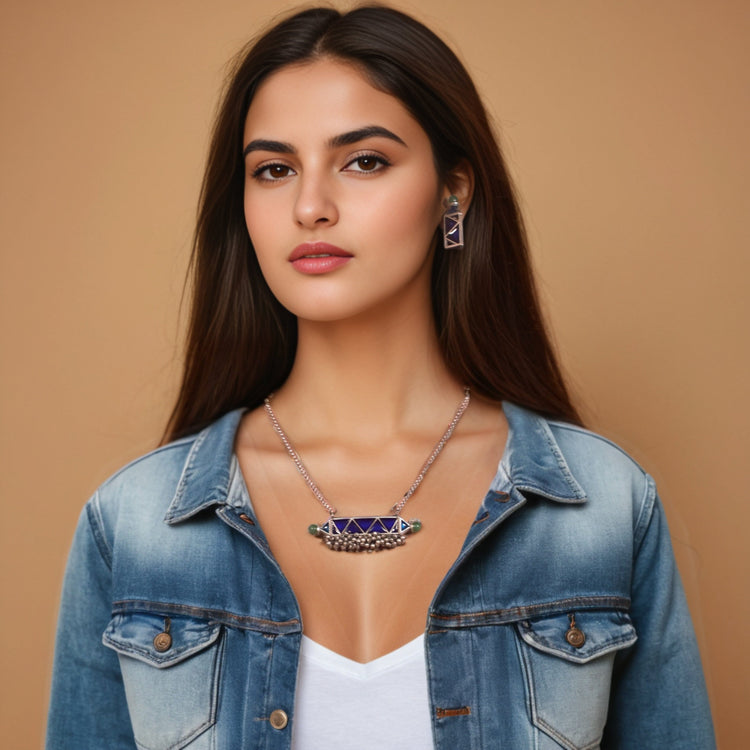 Blue Prism Silver Replica Necklace Set - Rajata Collection