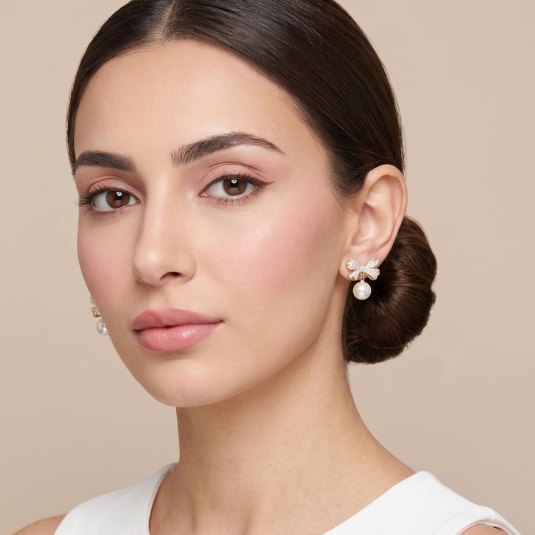 Bow-tiful Pearl Sparkle Earrings - Golden