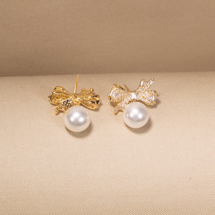 Bow-tiful Pearl Sparkle Earrings - Golden