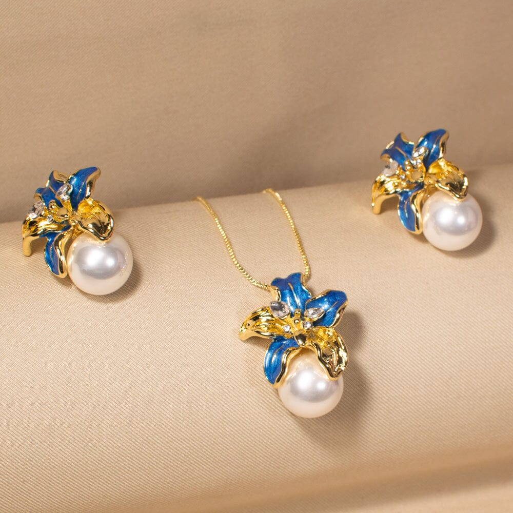 Gardenia Pearl Pendant Set-Blue-Nature Collection