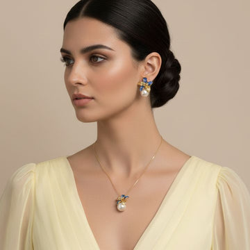 Gardenia Pearl Pendant Set-Blue-Nature Collection