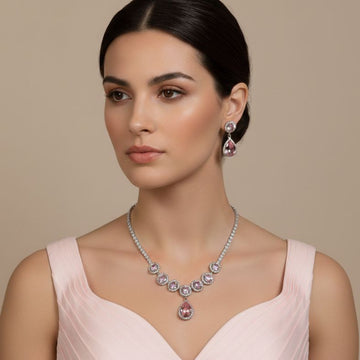 Glamour Drop Necklace Set-Pink-Glitterati Collection