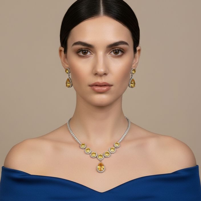 Glamour Drop Necklace Set-Yellow-Glitterati Collection