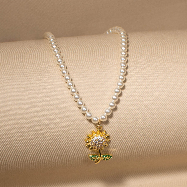 Golden Sunflower Pearl Necklace Set