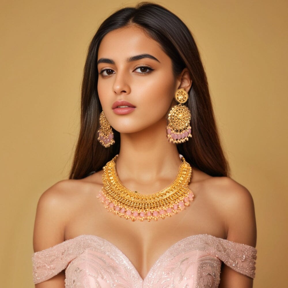 Margot Necklace Set-Pink-Sparsh Collection
