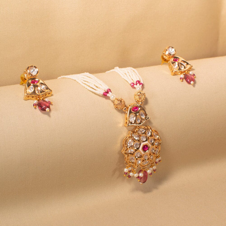 Roopsi Kundan Necklace Set - Pink - Pratha Collection