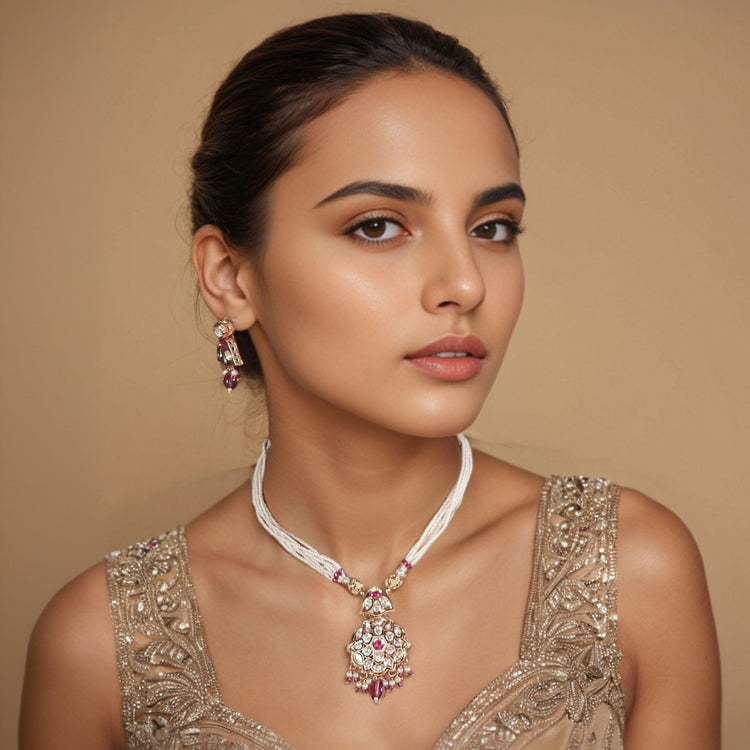 Roopsi Kundan Necklace Set - Pink - Pratha Collection