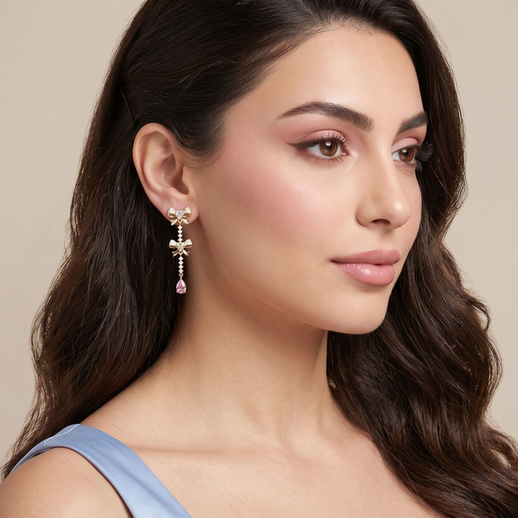 Rosy Bow Tiered Earrings