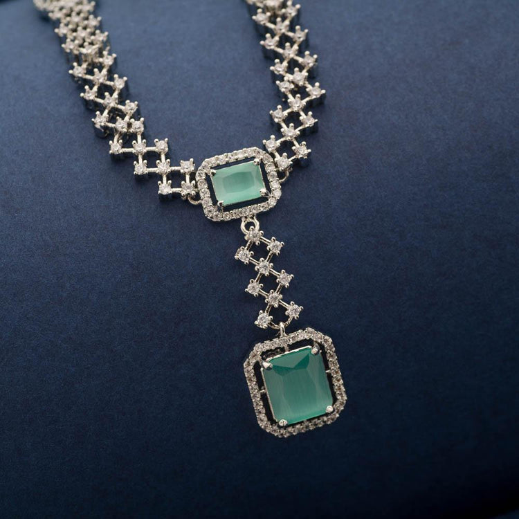 Aquamarine American Diamond Necklace Set - Blingvine