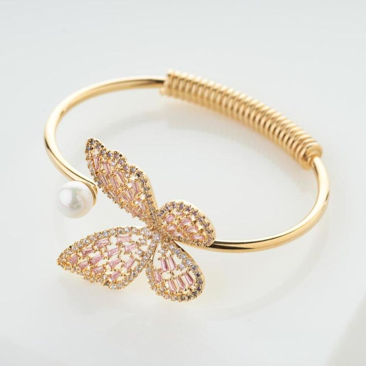 Rose Gold Bracelet  Broad Bracelet in Rose Gold Polish and White Stones   Sabah Stone Bangle Bracelet by Blingvine