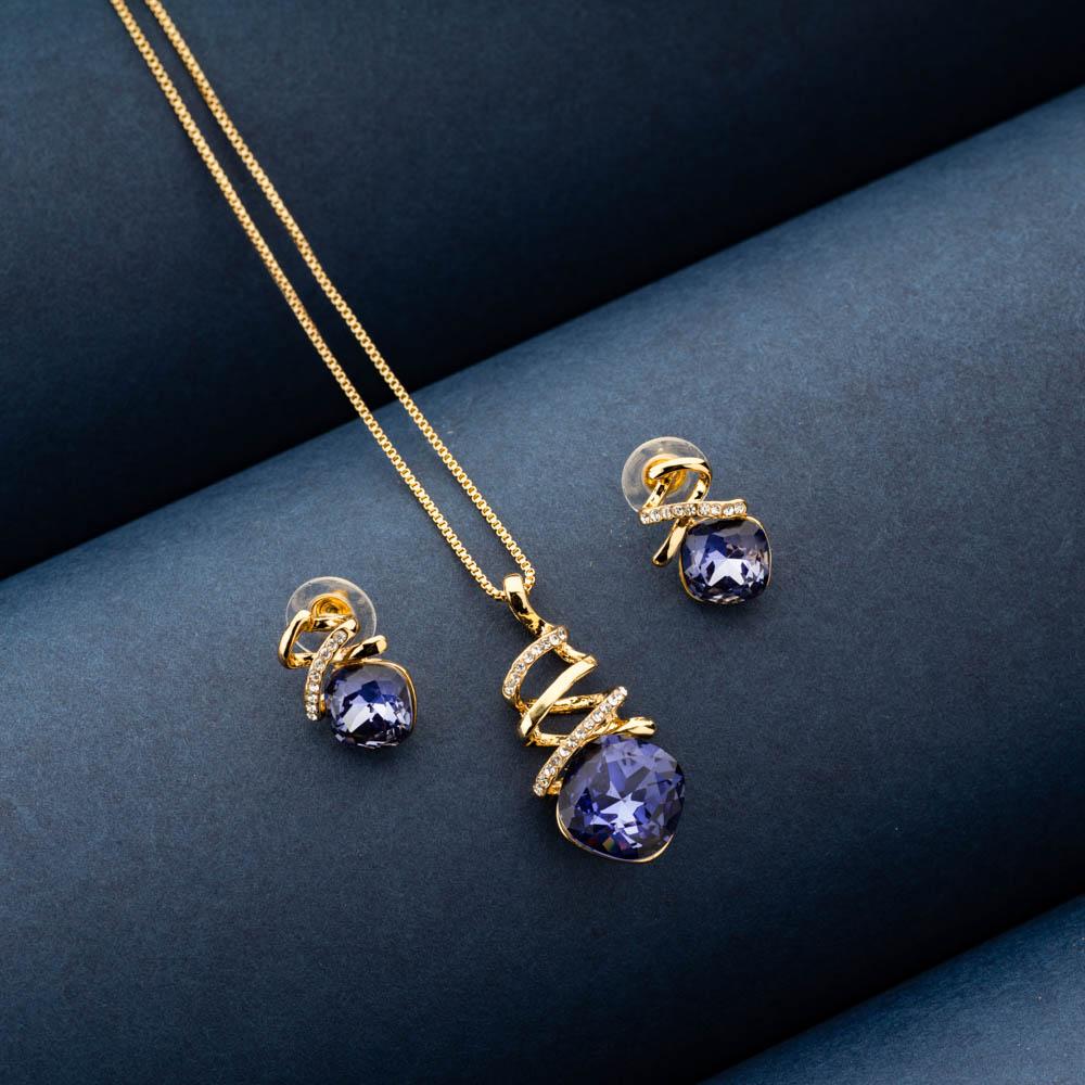 Gold Pendant Set with Purple Crystal and White Enamel Work for Office Wear  - Lavender Love Pendant Set by Blingvine