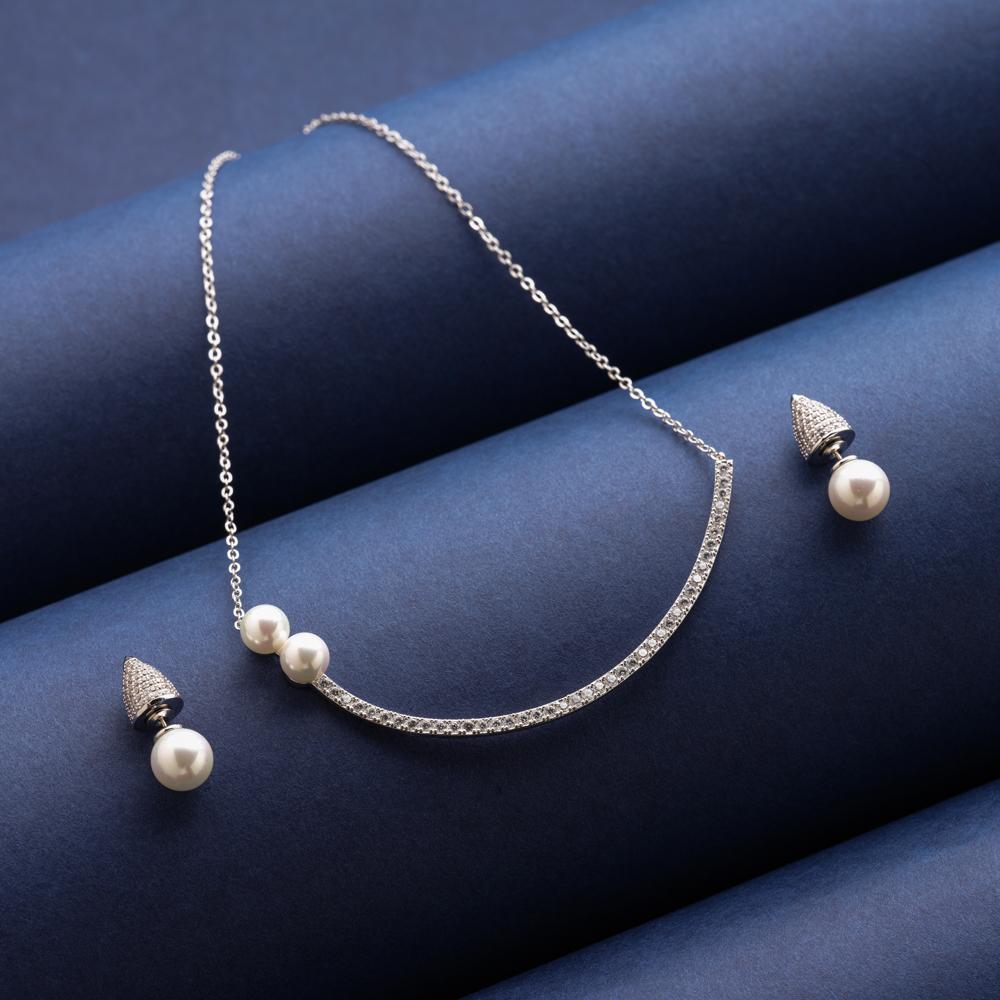 American Diamond Necklace Set with White Pearl - Gift for Girlfriend ...