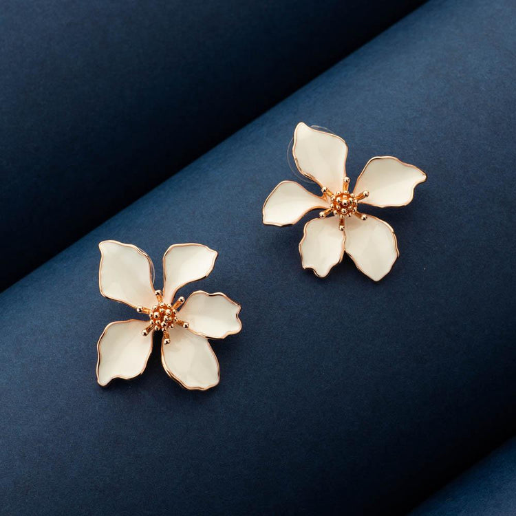 White Tops Earrings with Floral Design and Enamel Work - Earrings for Girls  - Dinaz White Floral Stud Earrings by Blingvine