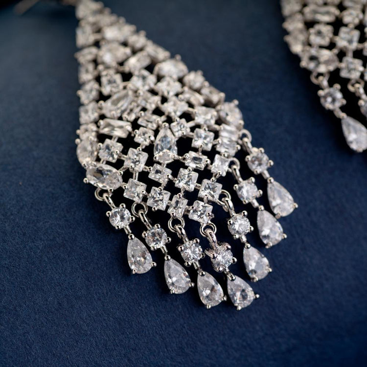 Long Diamond shaped Crystal Silver Drop Earrings  JHAROKHA STORE