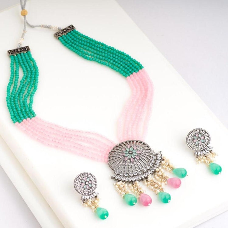 Buy ZAVERI PEARLS Pink & Green Multi Layers Beaded Necklace & Earring Set  For Women-ZPFK13776 at Amazon.in
