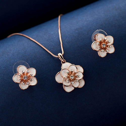 Floral Pendant Necklace Set with Rose Gold Polish - Gift for Girlfriend ...