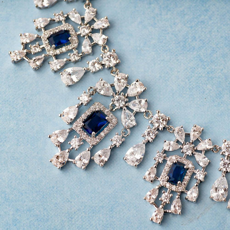 Blue American Diamond Necklace - Wedding Gift - Anniversary Gift - Diamond  Necklace Design - Mallika Necklace Set by Blingvine
