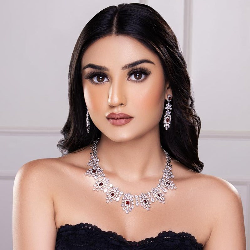 Mallika Luxury Crystal Necklace Set - Ruby