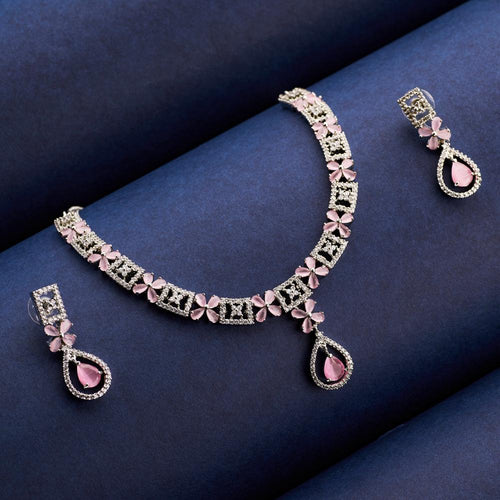 American Diamond Necklace Set with Pink Cat Eye Stones for Wedding and ...