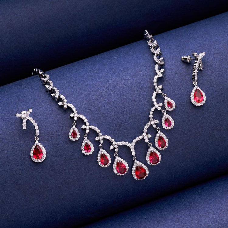 American Diamond Necklace Set with Ruby Red Crystals for Weddings