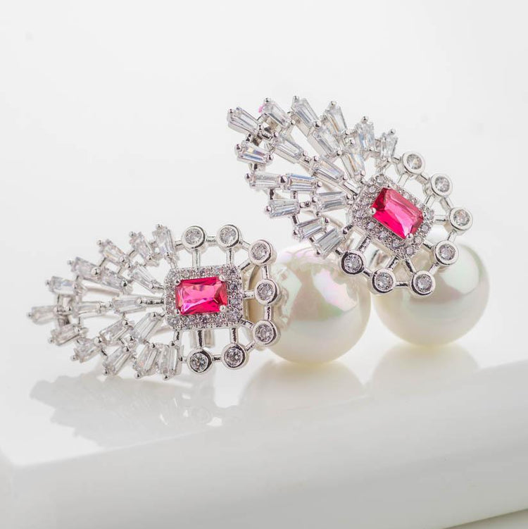 Sienna Ruby Red Crystal and Pearl Earrings - Blingvine