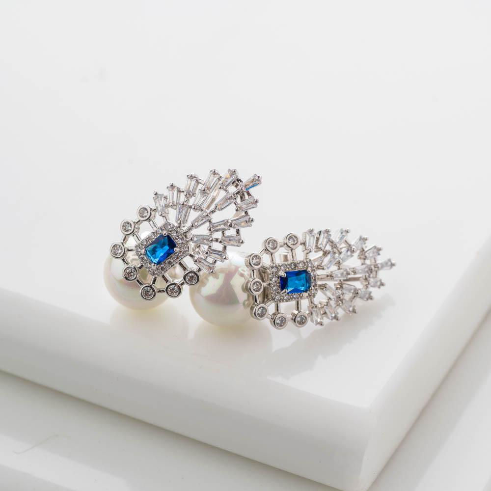 Sienna Sapphire Blue Crystal and Pearl Earrings - Blingvine