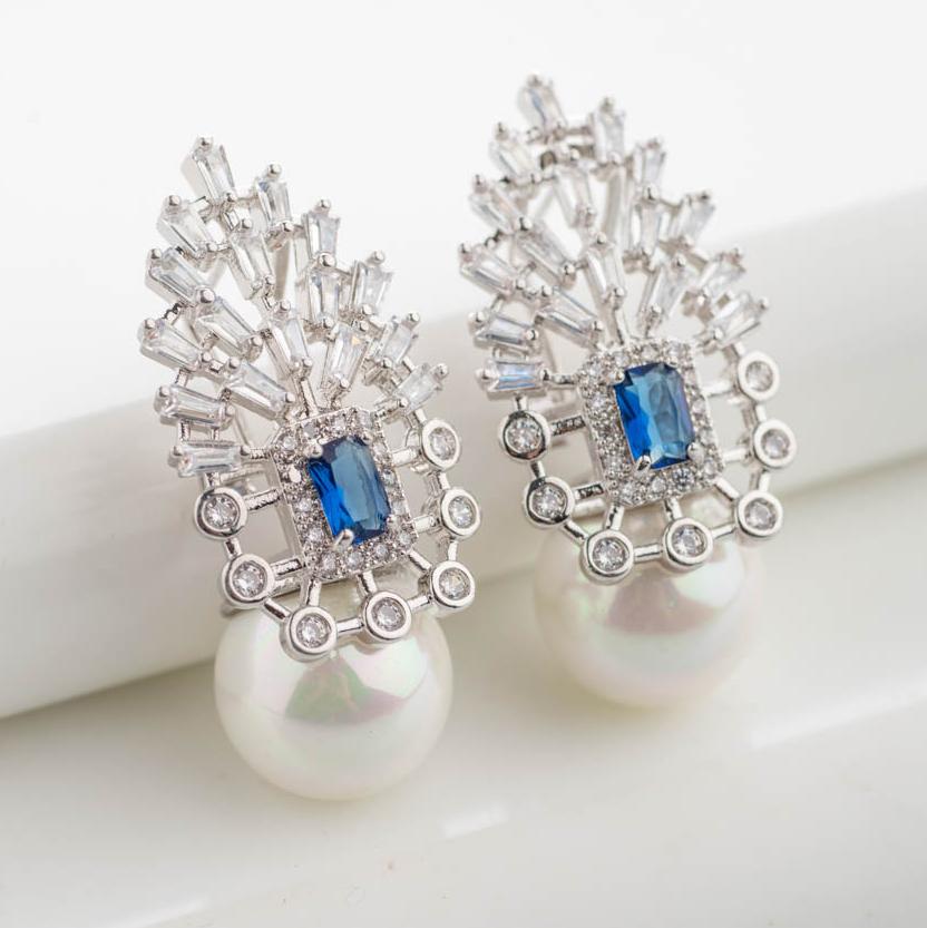 Sienna Sapphire Blue Crystal and Pearl Earrings - Blingvine