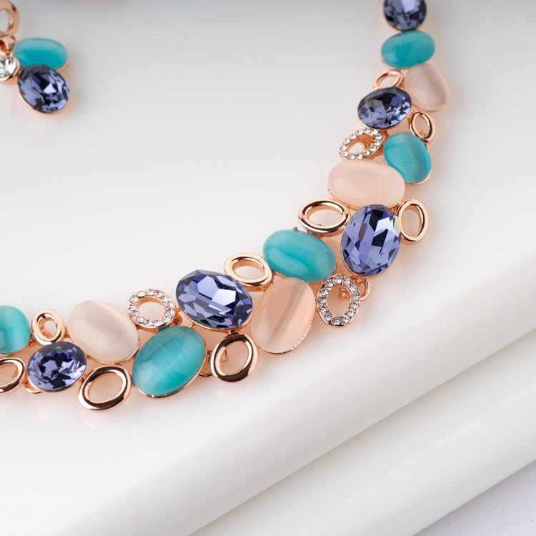 Gold Finish Premium Quality Zircon & Blue stone With Agate Blue & Pearl  Beeds Hanging Designer Necklace set by online