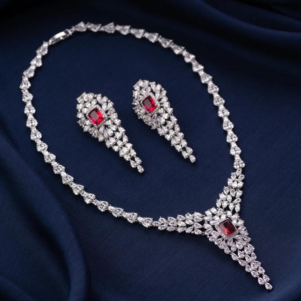 Red American Diamond Necklace for Parties - Wedding Gift - Diamond