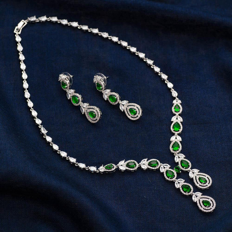 Tanvi American Diamond Choker Set - Dark Green - Kuvar Jewels
