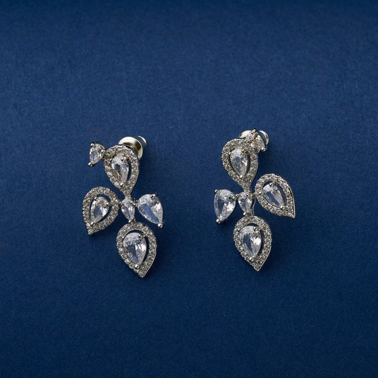 Layered Luxury Diamond Drop Leaf Earrings  Silver  Salty Accessories